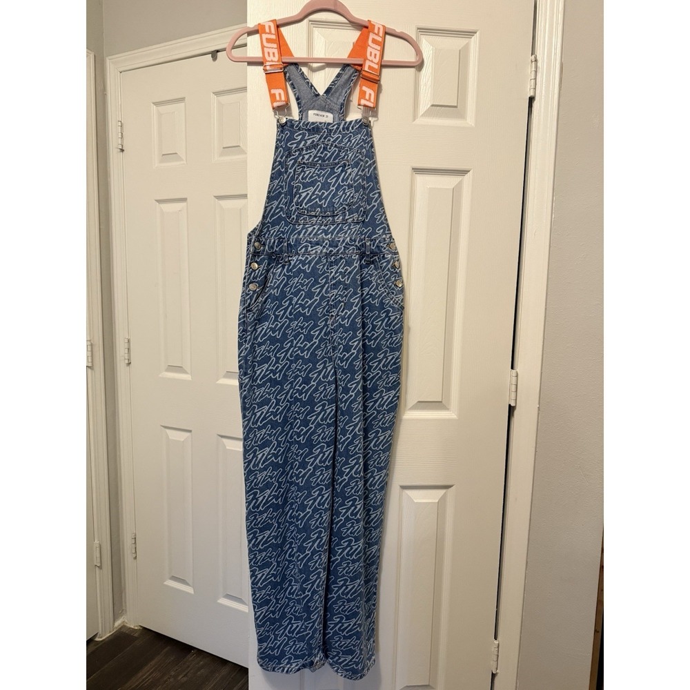 Fubu x Forever 21 Denim Overalls All Over Print 05 Orange Straps Y2K Women Sz S - Picture 2 of 16